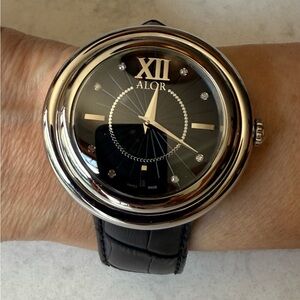 ALOR Women's Stainless Steel Watch with Diamond Markers and Black Leather Strap